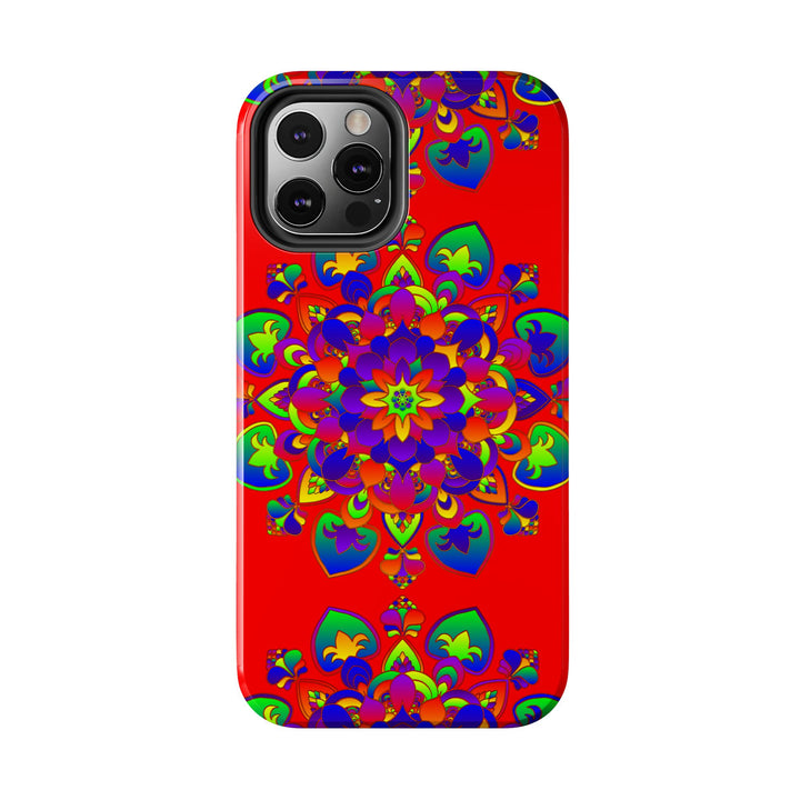 A vibrant and intricate hand-drawn mandala art design in red, featured on a stylish and protective phone case