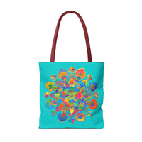 Vibrant azure Mandala Lotus tote bag with intricate floral design and spacious interior for everyday use