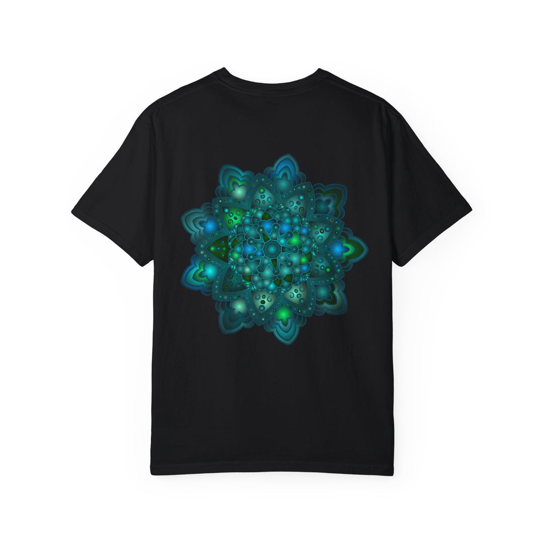 Intricate blue and green mandala design on a unisex t-shirt, perfect for casual wear