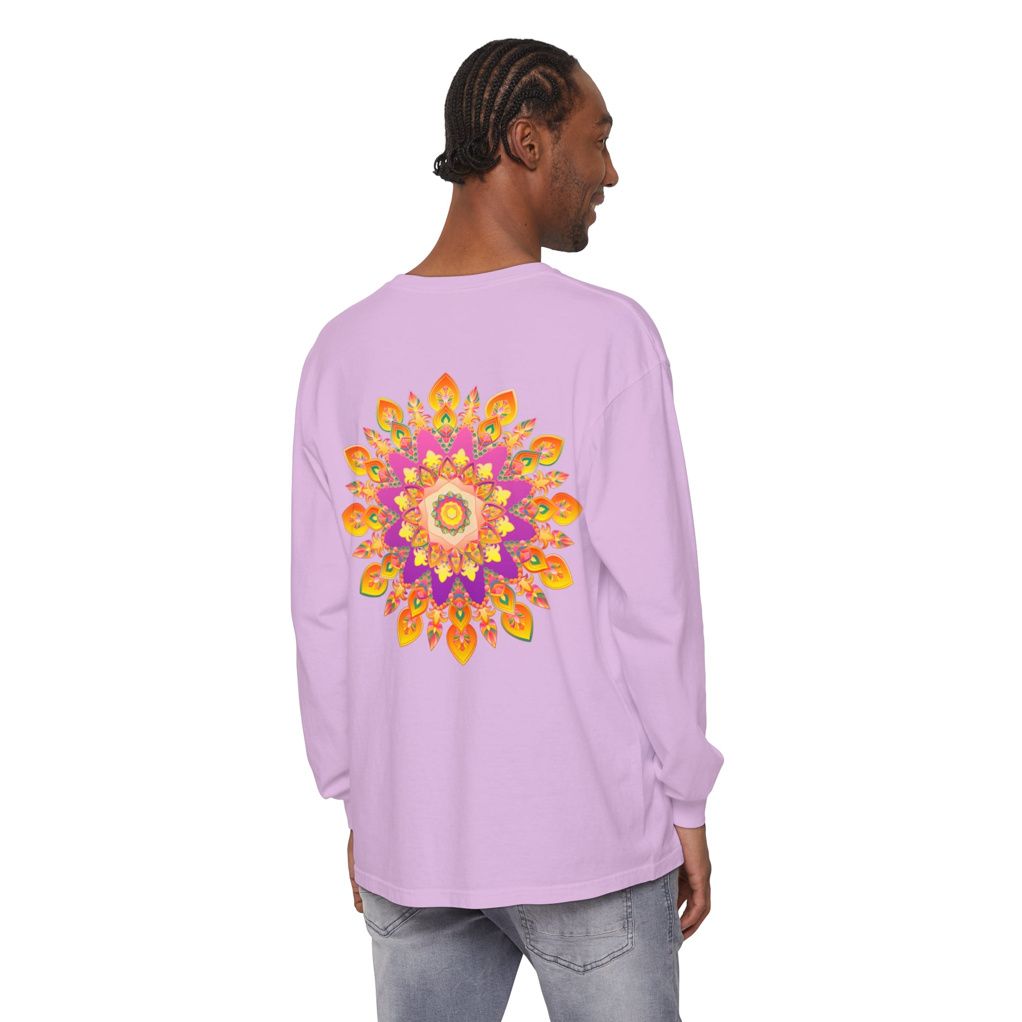 Colorful and intricate mandala design featured on a unisex long sleeve t-shirt