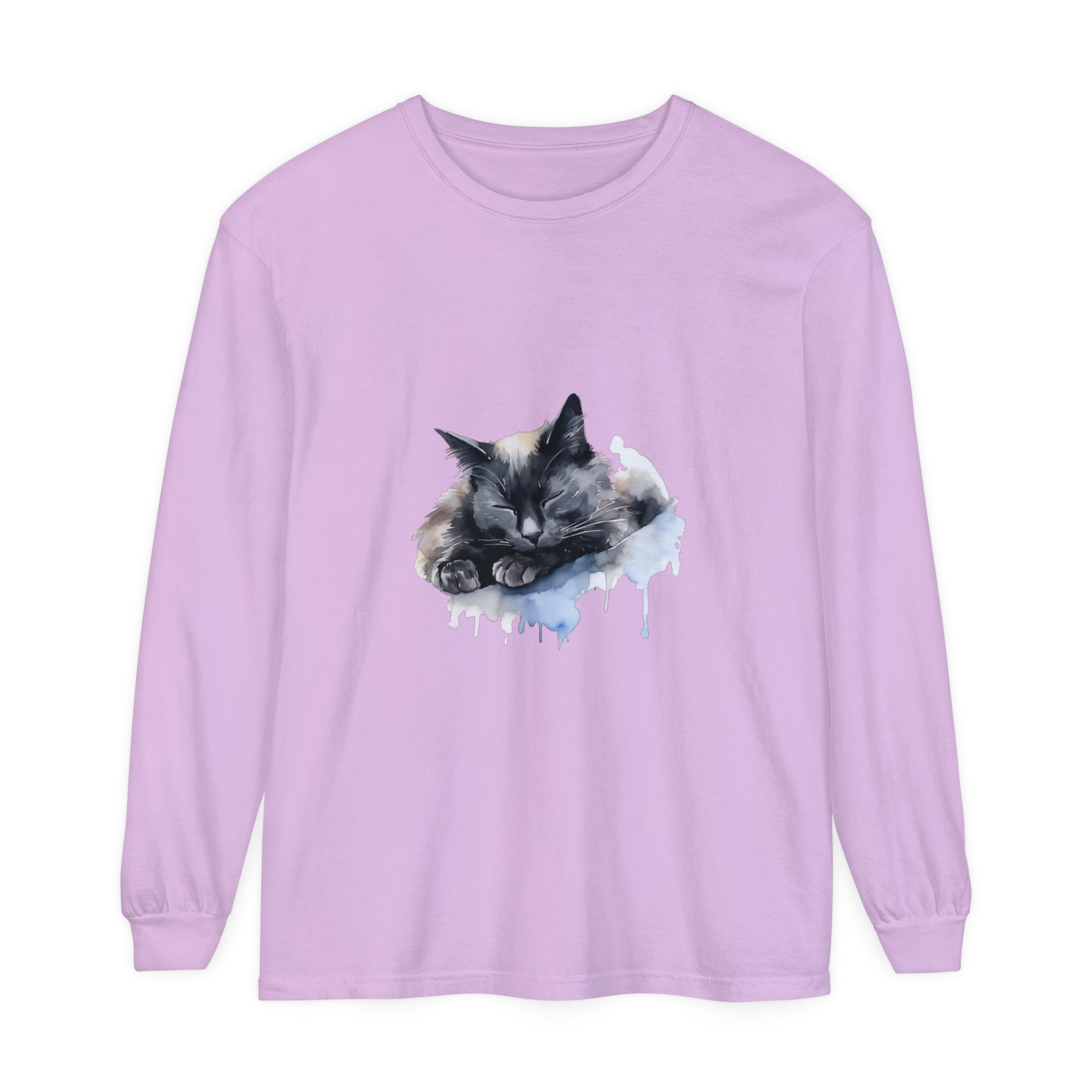 A watercolor illustration of a sleeping cat on a t-shirt