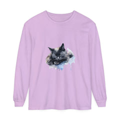 A watercolor illustration of a sleeping cat on a t-shirt