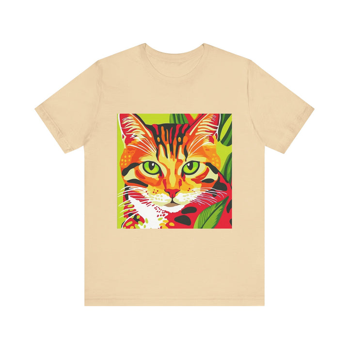 A close-up image of the Savana Stripes Cat Short Sleeve Tee, featuring a playful cat graphic and stylish striped design