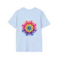 Vibrant and colorful t-shirt with a floral mandala design and inspirational quote