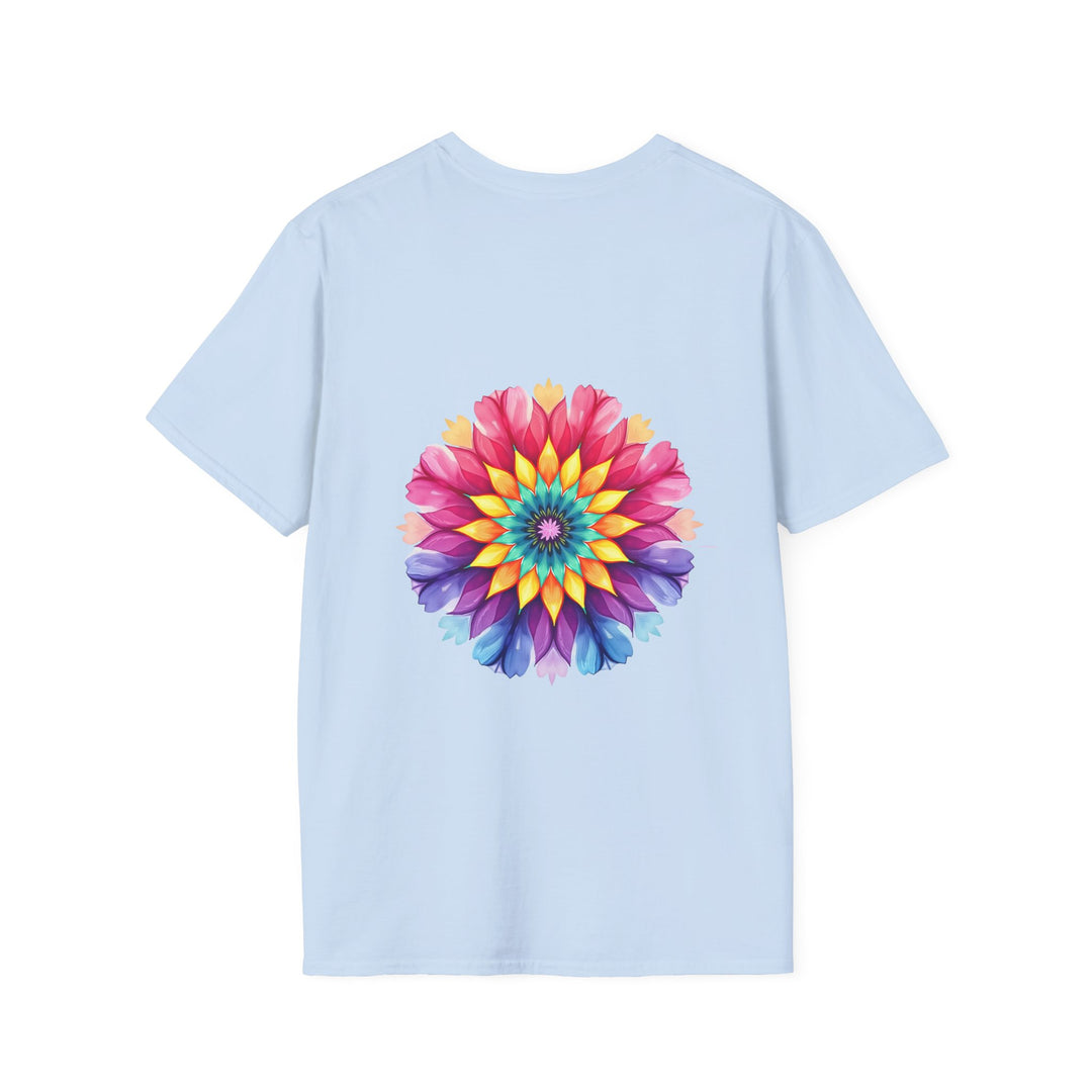 Vibrant and colorful t-shirt with a floral mandala design and inspirational quote