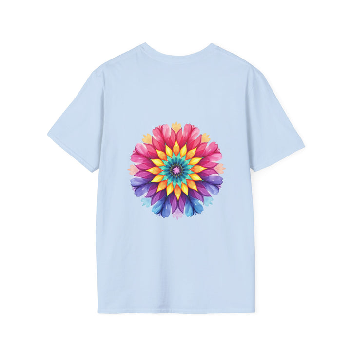 Vibrant and colorful t-shirt with a floral mandala design and inspirational quote