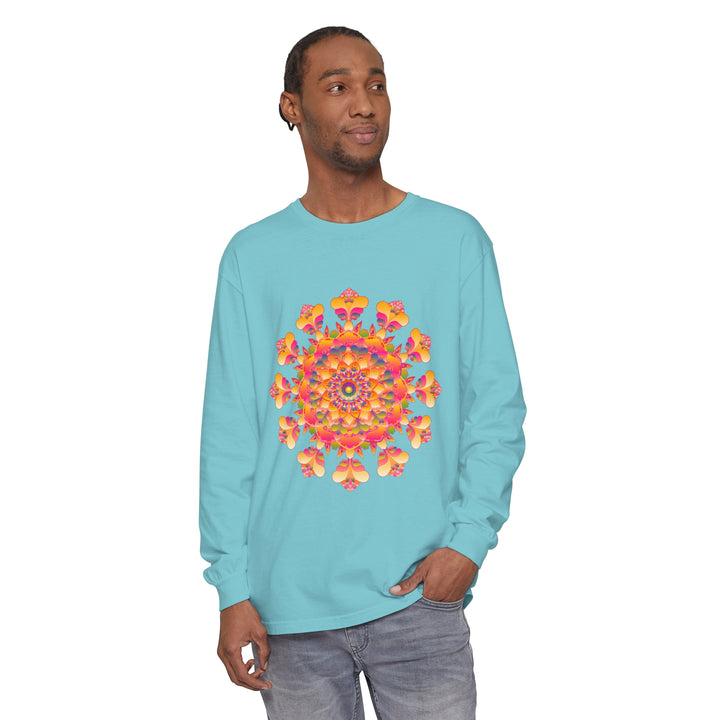 Colorful and intricate mandala design on a comfortable unisex long sleeve t-shirt