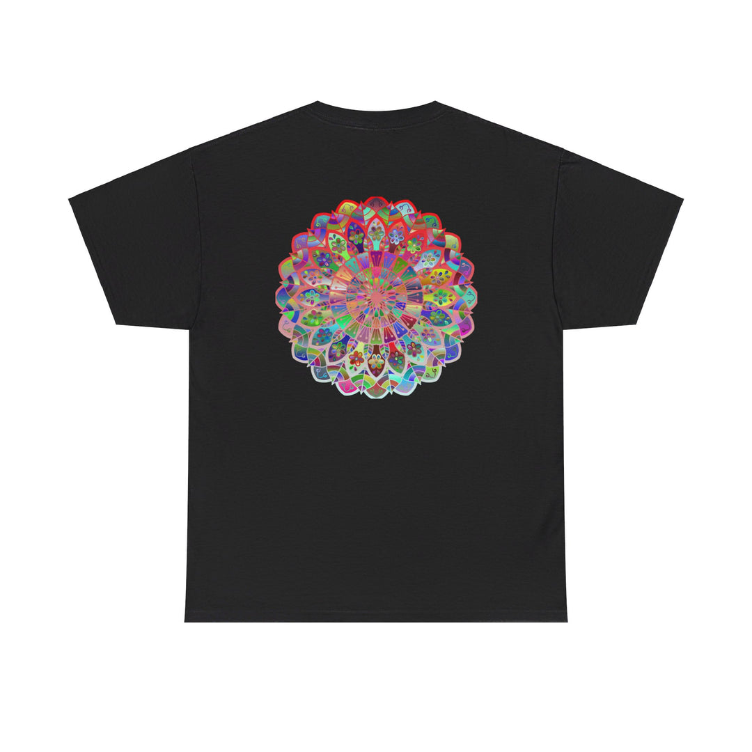 Colorful mandala art design on a soft, heavy cotton unisex t-shirt perfect for yoga and mindfulness practice