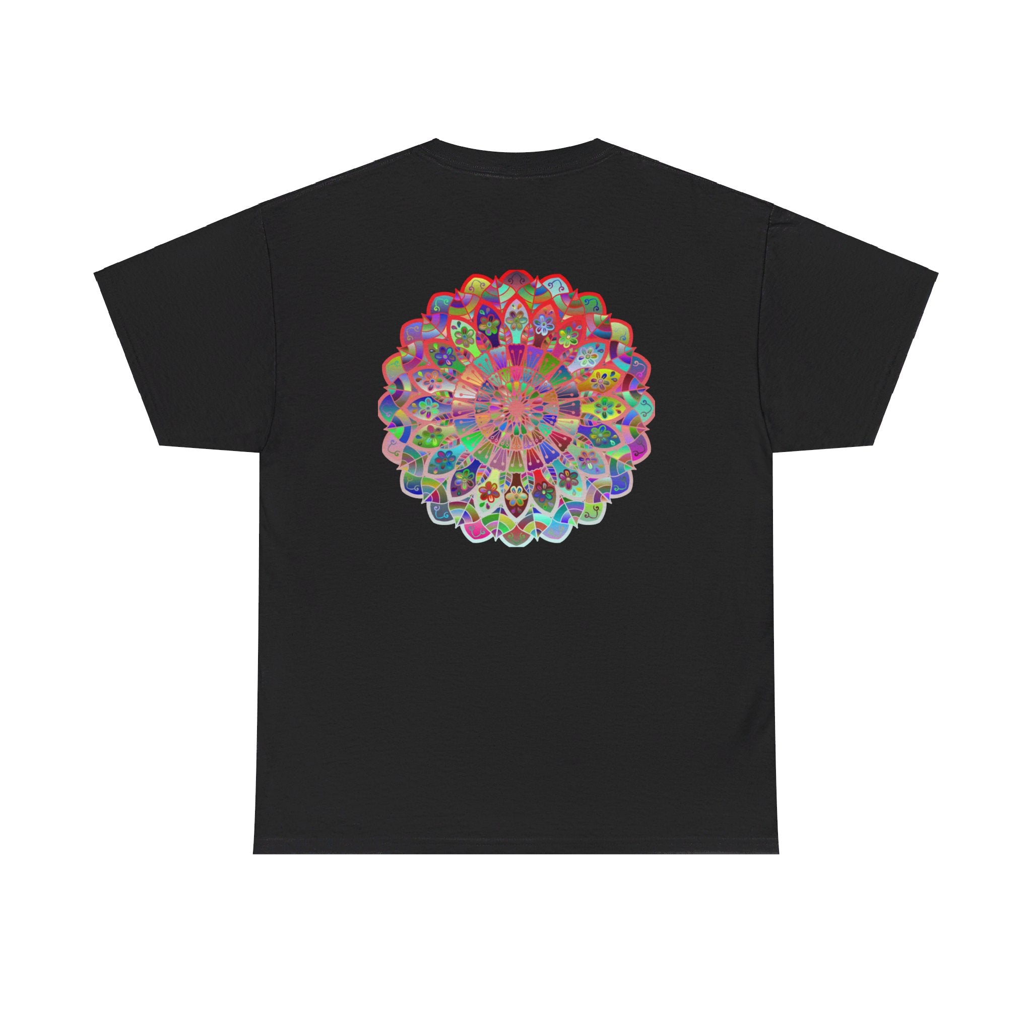 Colorful mandala art design on a soft, heavy cotton unisex t-shirt perfect for yoga and mindfulness practice