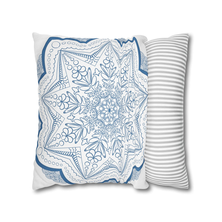 Spun Polyester Square Pillowcase featuring an original hand-drawn Mandala Art design in Steel Blue on White background