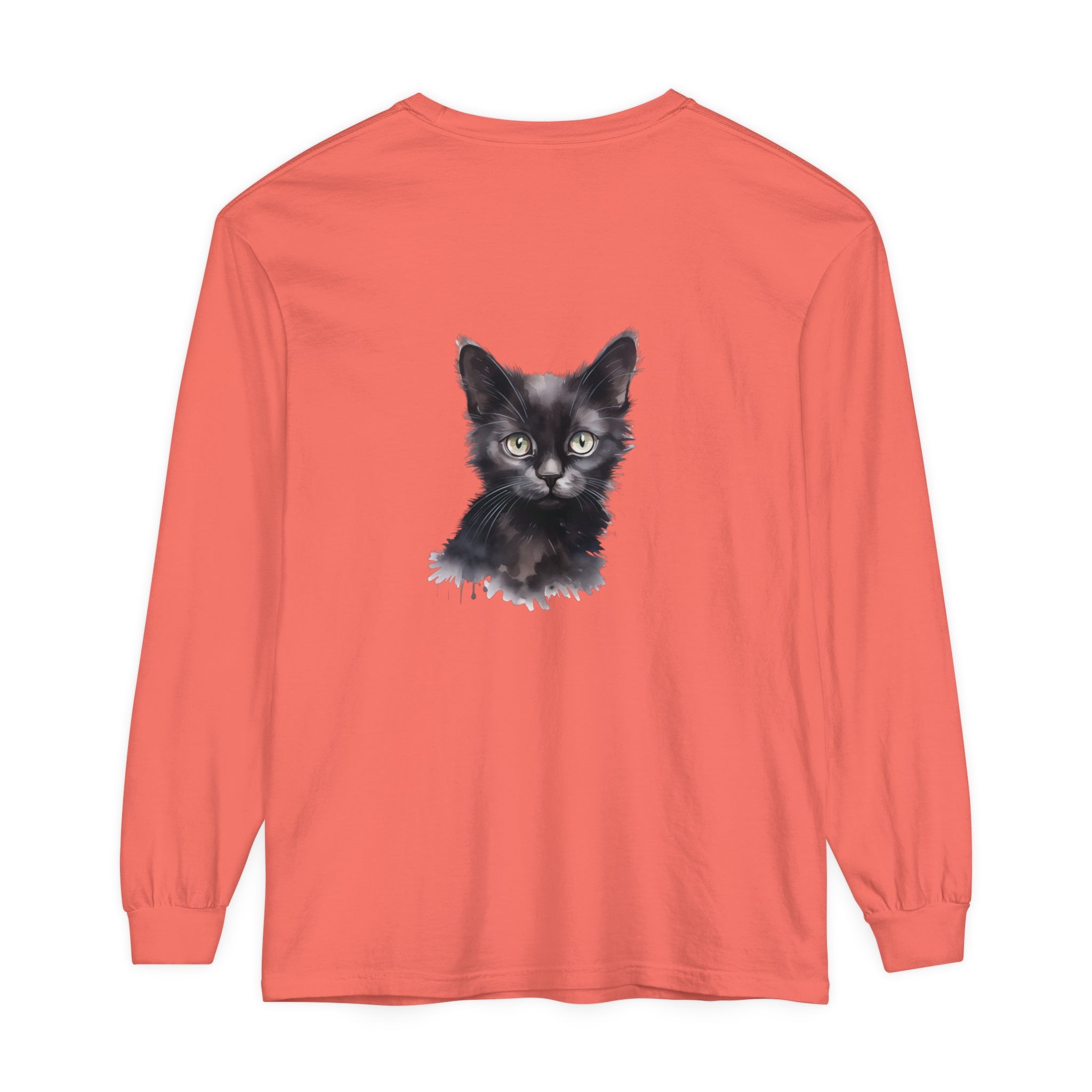 Black Cat Watercolor Long Sleeve T-Shirt with vibrant watercolor art design