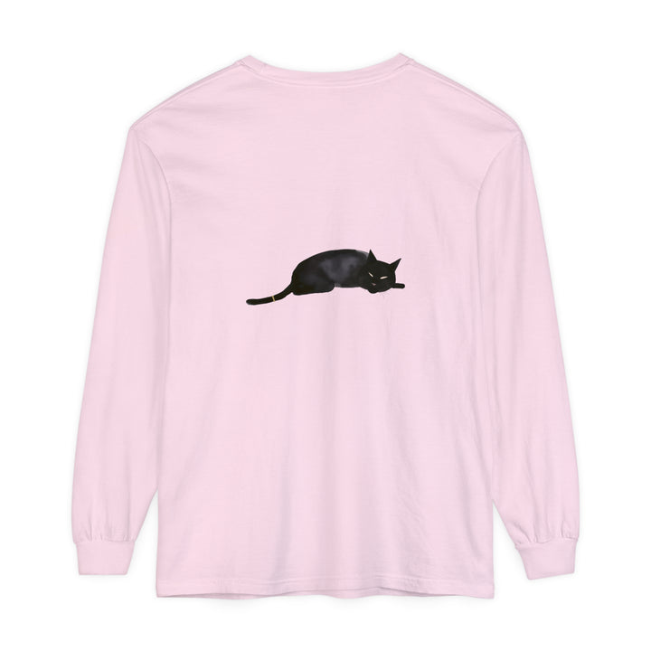 A comfortable, black long sleeve unisex t-shirt featuring a sleeping cat design