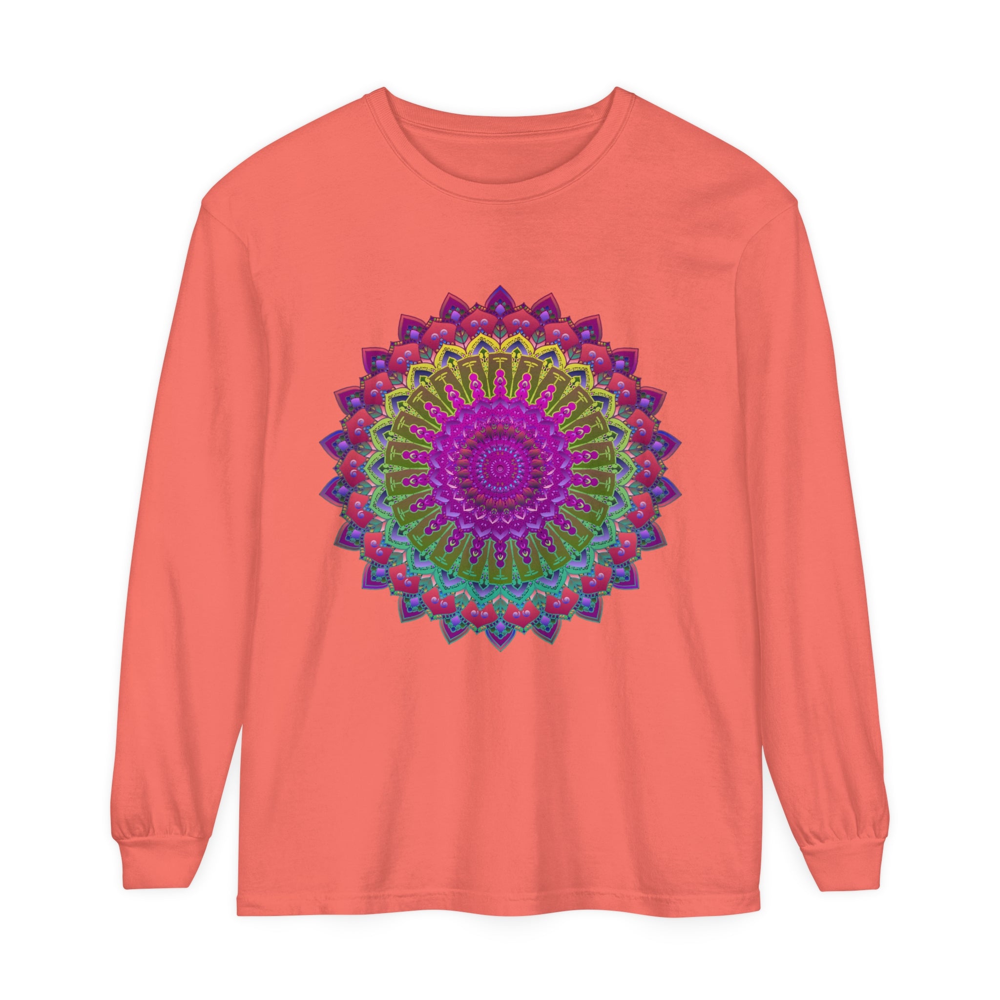 Person Showing Off Vibrant Mandala Unisex Long Sleeve T-Shirt Outfit
