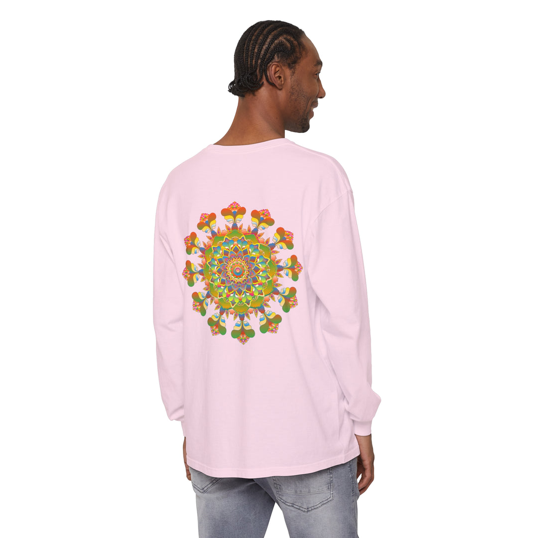 Long sleeve t-shirt featuring a vibrant mandala design in colorful art