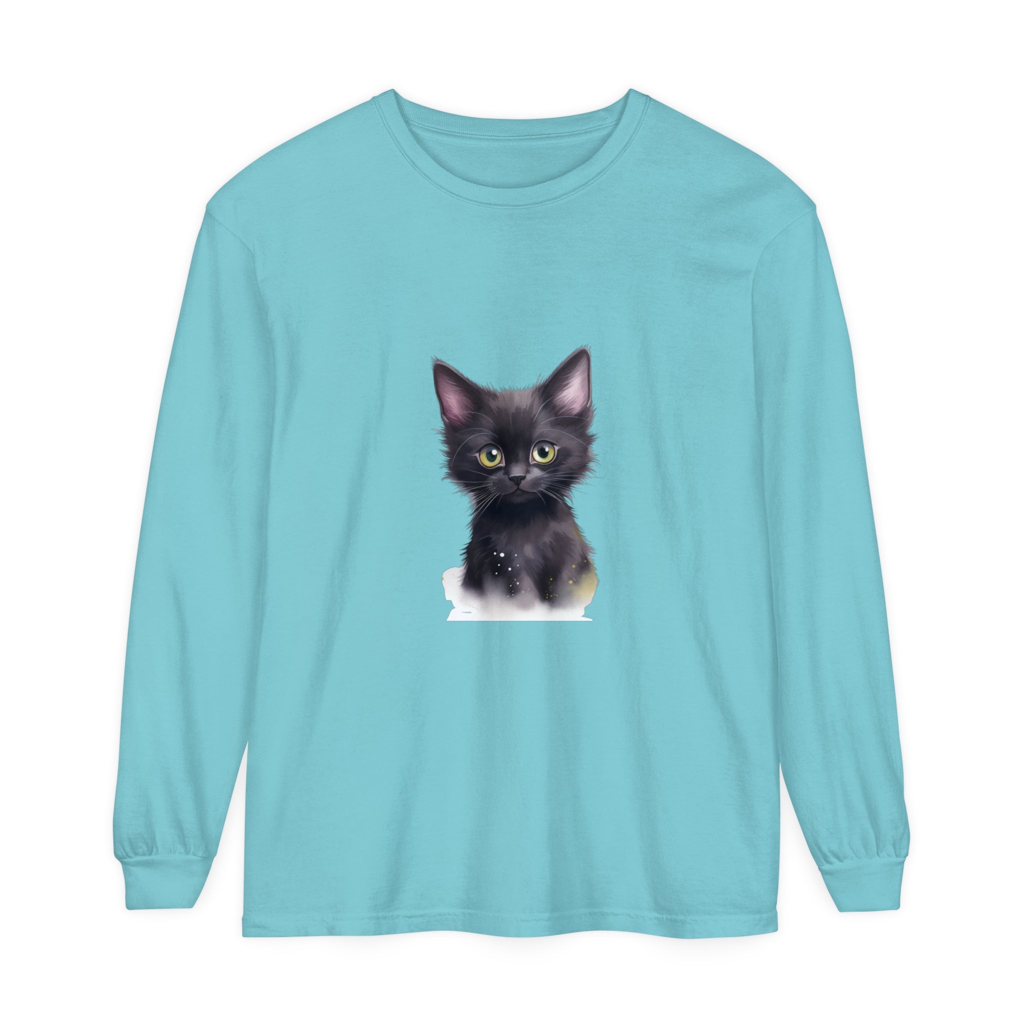 A charming black kitten with bright green eyes adorns a soft, comfortable t-shirt, perfect for cat lovers and animal enthusiasts alike