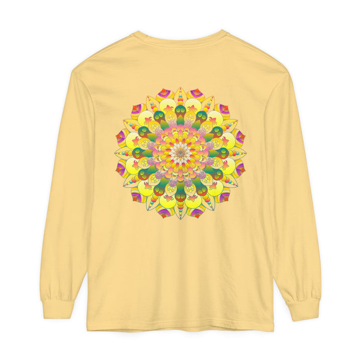 Colorful and intricate mandala design on a unisex long sleeve t-shirt