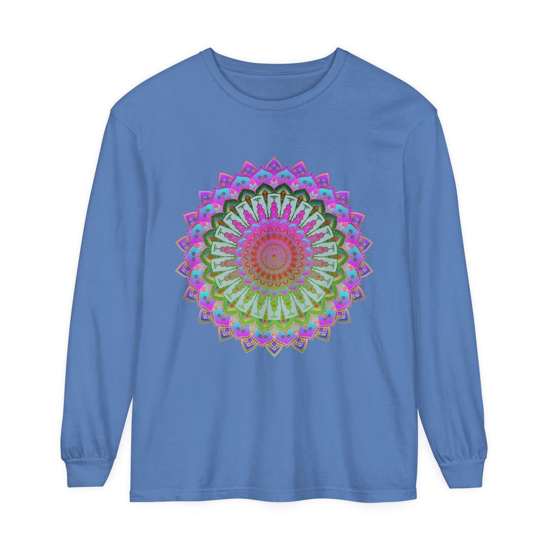 Colorful and intricate mandala design printed on a unisex long sleeve t-shirt