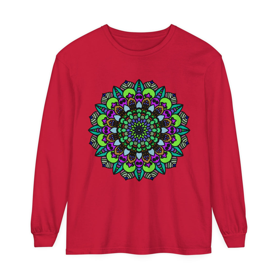 Colorful psychedelic mandala design on a unisex long sleeve t-shirt