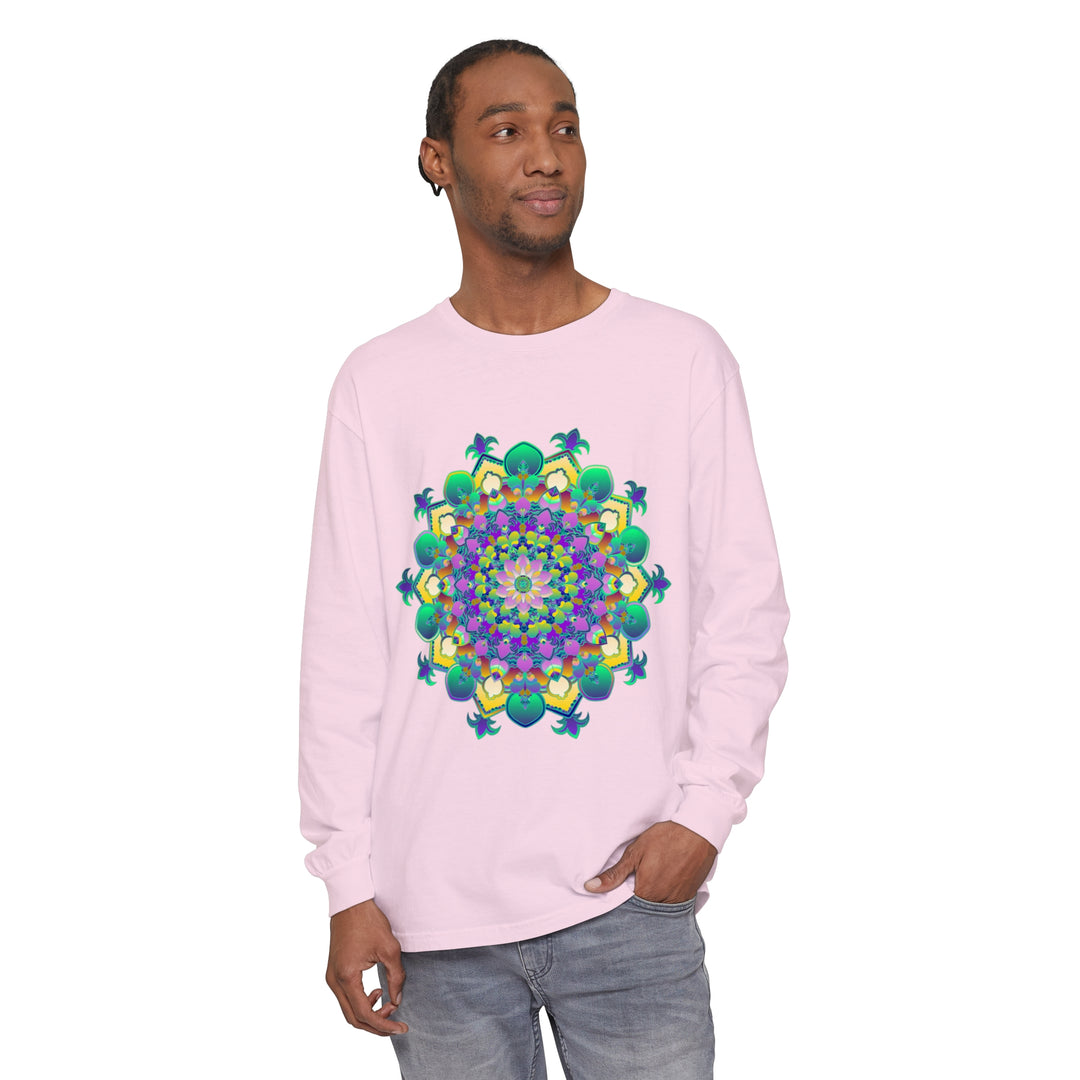 Intricate Mandala Long Sleeve T-Shirt featuring detailed geometric design in vibrant colors