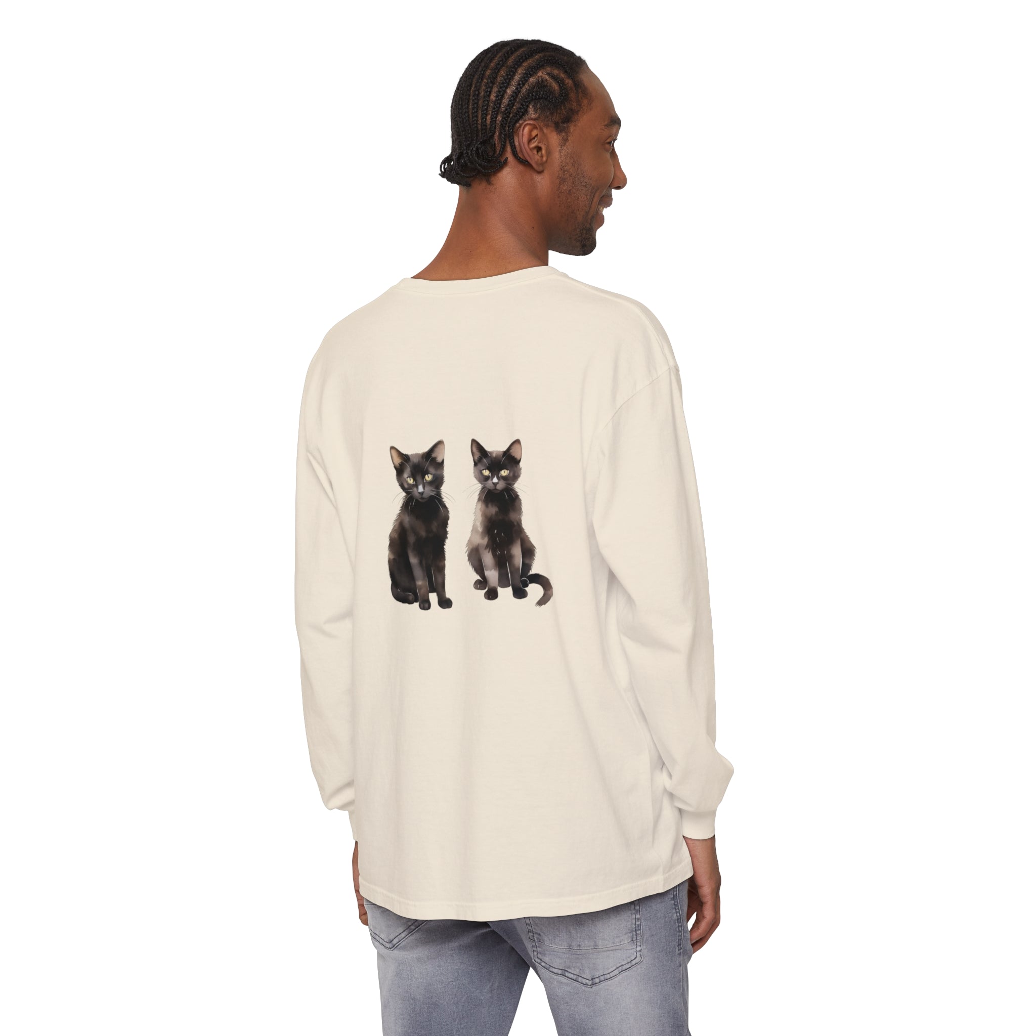 Beautiful black cat watercolor art illustrated on a long sleeve t-shirt