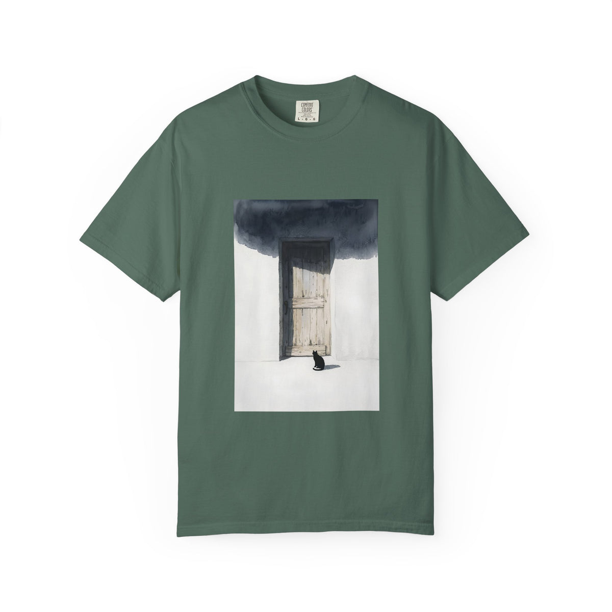 T-Shirt — Minimal Art Cat at Door Graphic Tee