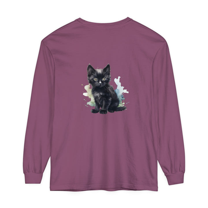 Black watercolor image of a cute kitten on a long sleeve t-shirt