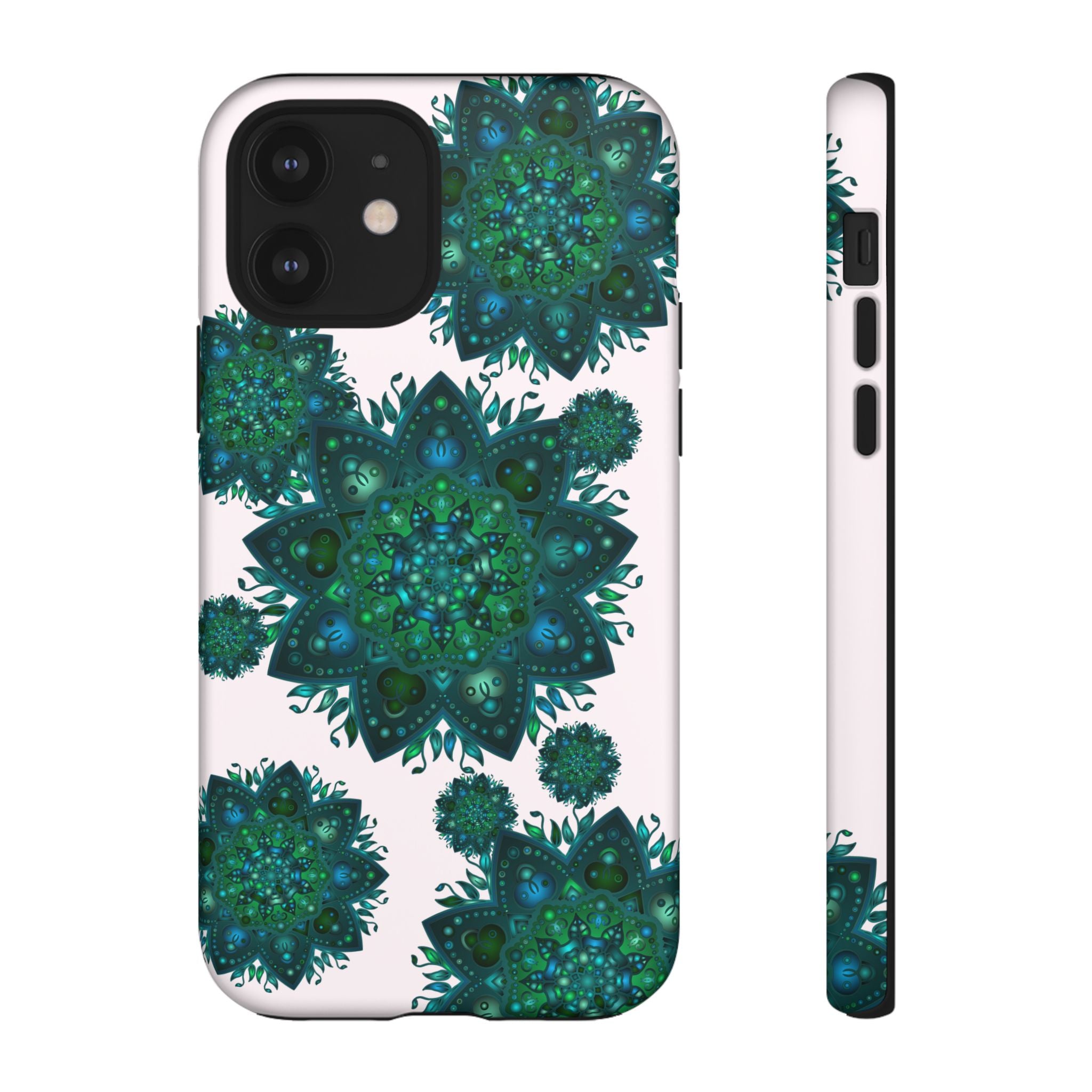 Beautiful light pink and green mandala phone case featuring a peaceful and intricate design