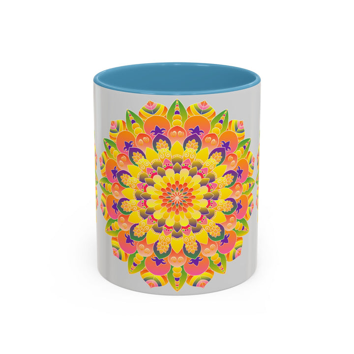 Colorful and vibrant mandala mug with a unique bohemian art style