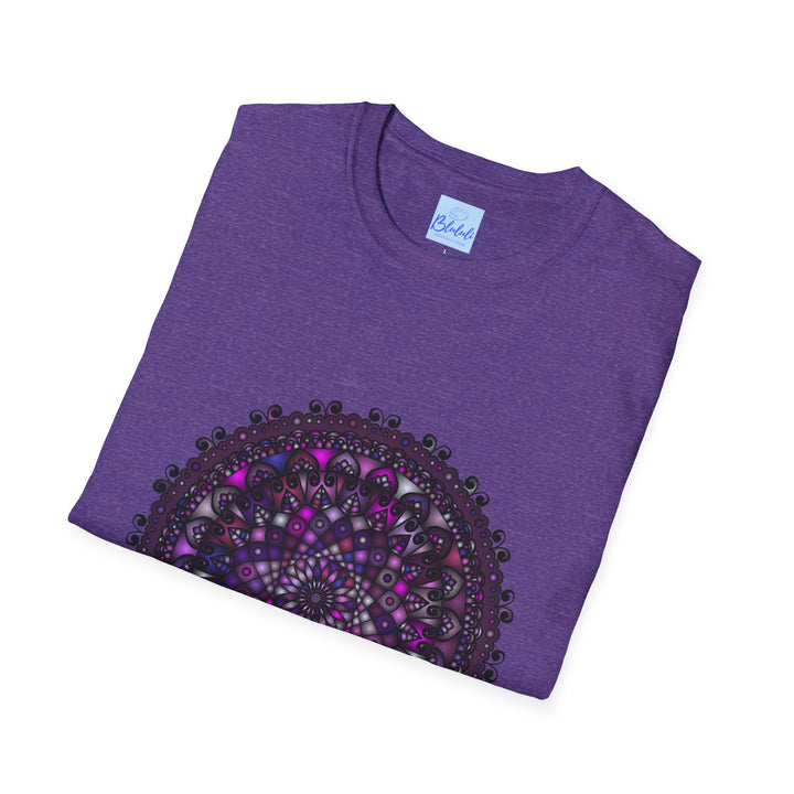 Vibrant purple mandala art unisex softstyle t-shirt with intricate hand-drawn design