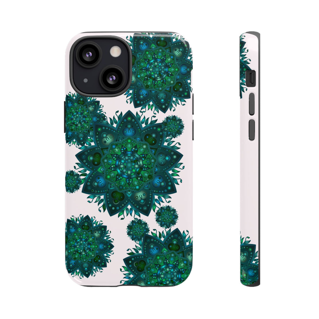 Light pink and green mandala phone case with a peaceful and intricate design