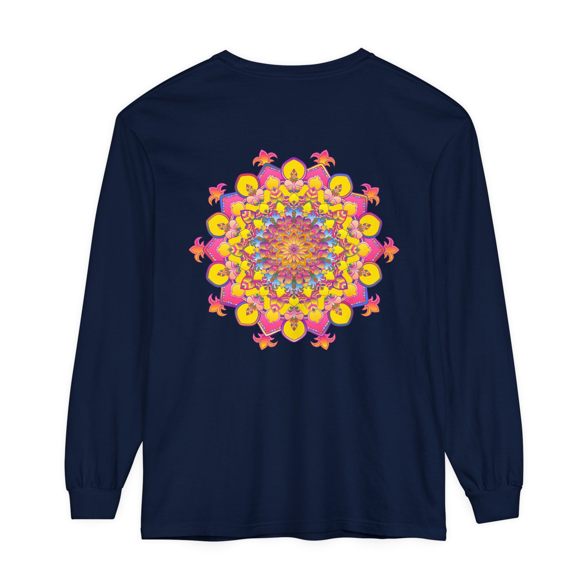 Colorful and intricately designed long sleeve T-shirt with vibrant mandala pattern for men and women