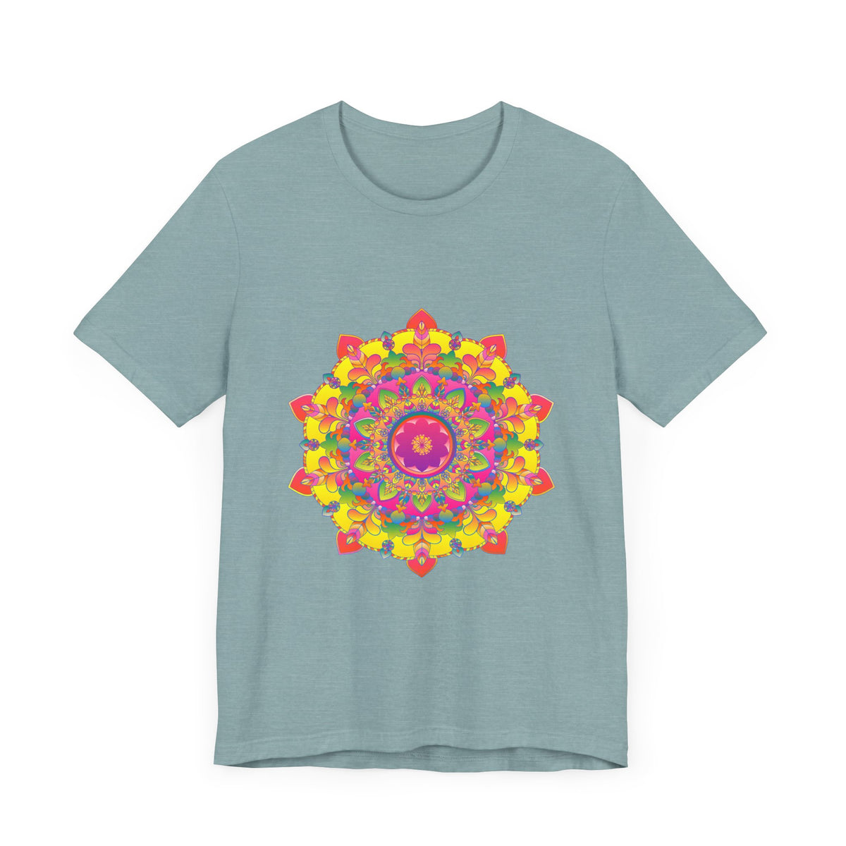 Vibrant mandala tee featuring a colorful and intricate floral design on a white background, perfect for adding a pop of color to your wardrobe
