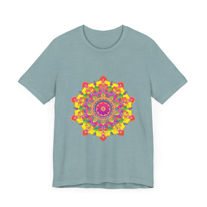 Vibrant mandala tee featuring a colorful and intricate floral design on a white background, perfect for adding a pop of color to your wardrobe