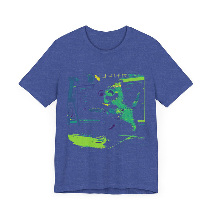 A black cat wearing a t-shirt jumps away in fear from a neon cucumber silhouette