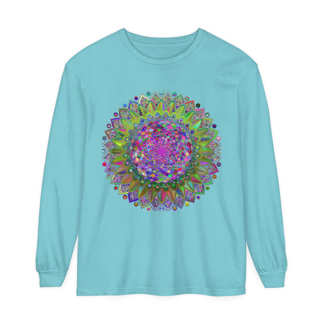 Unisex shirt with a bold and colorful mandala print on the sleeves