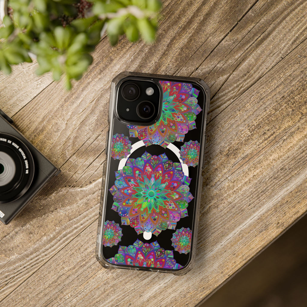 Black impact-resistant iPhone 14/15 case with elegant mandala design and MagSafe® compatibility