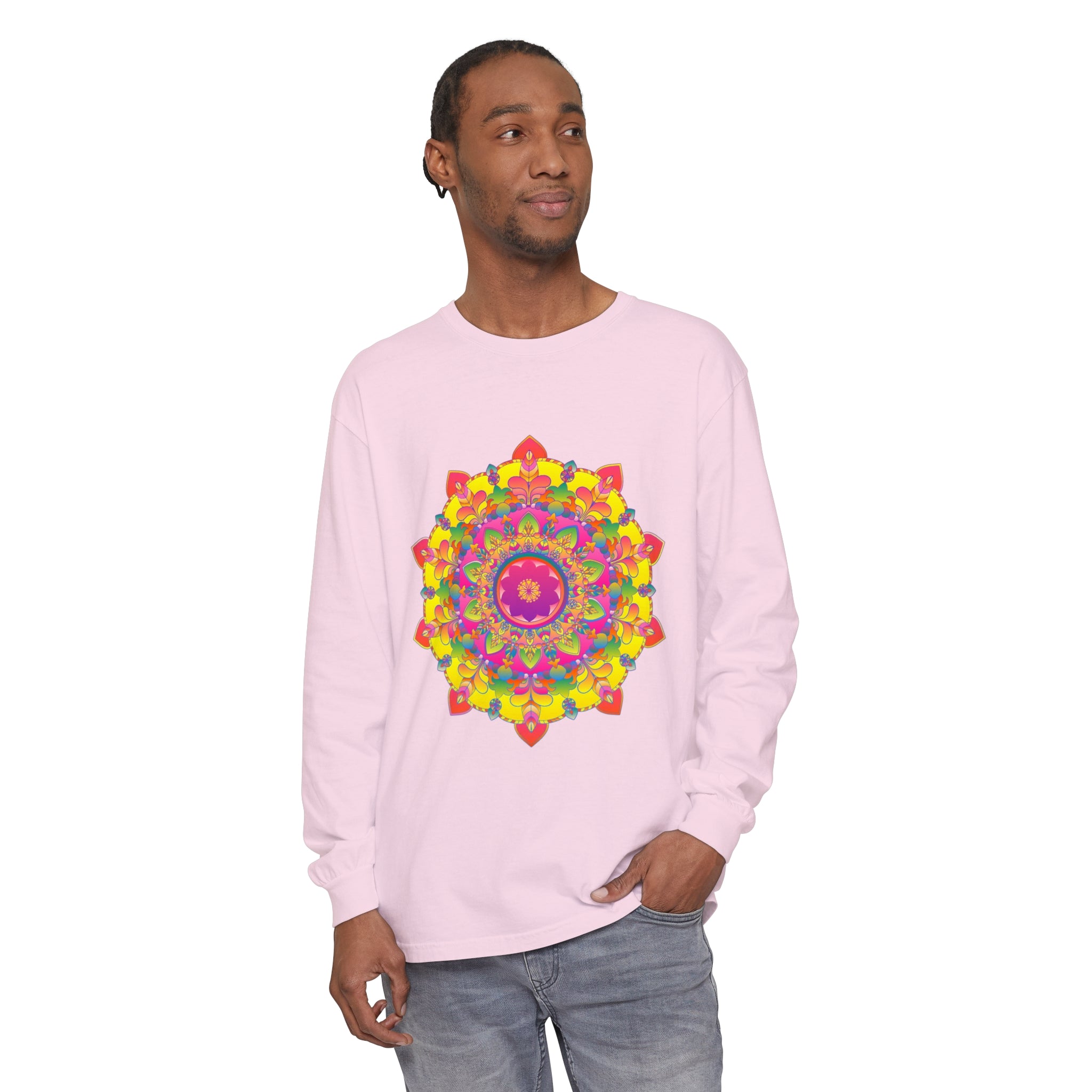 Colorful and intricate mandala design long sleeve t-shirt for a vibrant look