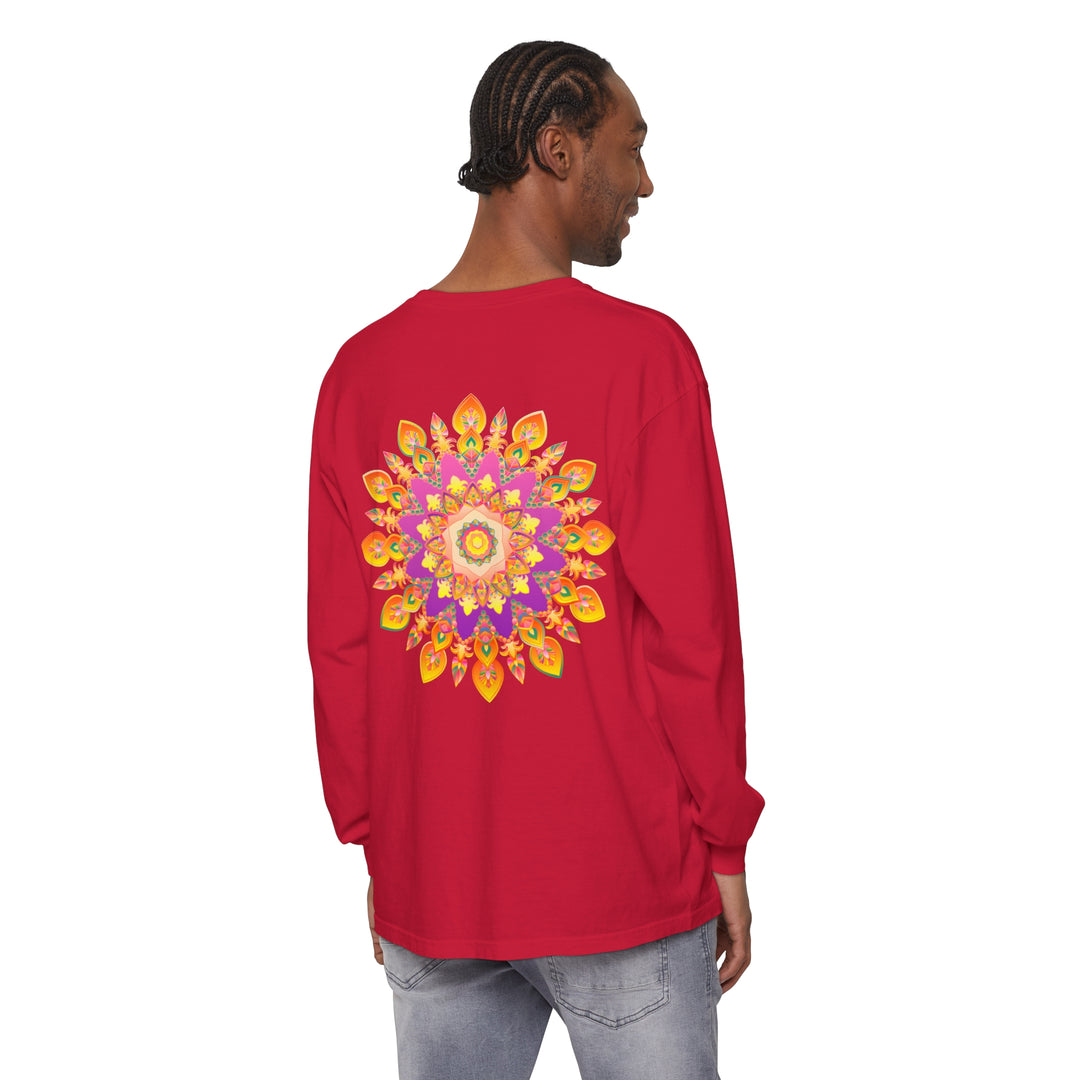 Vibrant Mandala Unisex Long Sleeve T-Shirt featuring intricate and colorful mandala design on high-quality fabric