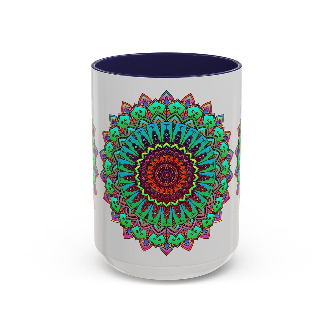 Beautiful light grey ceramic mug with colorful mandala art design