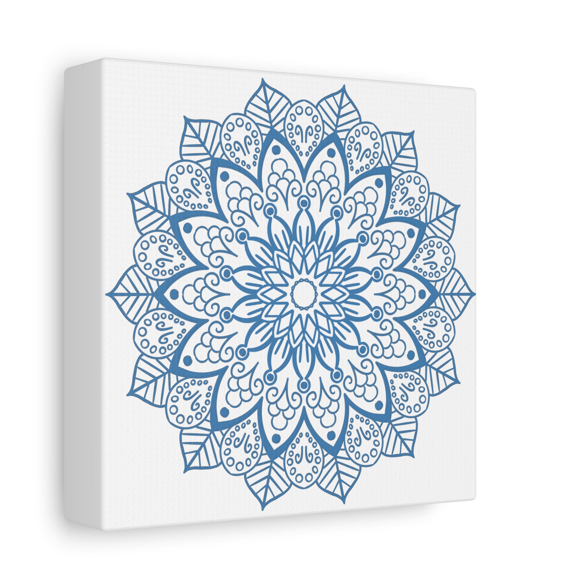 Beautiful handmade mandala art in steel blue on matte canvas, stretched and ready to hang on your wall