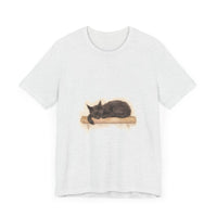 A close-up watercolor image of a black cat sleeping on a t-shirt