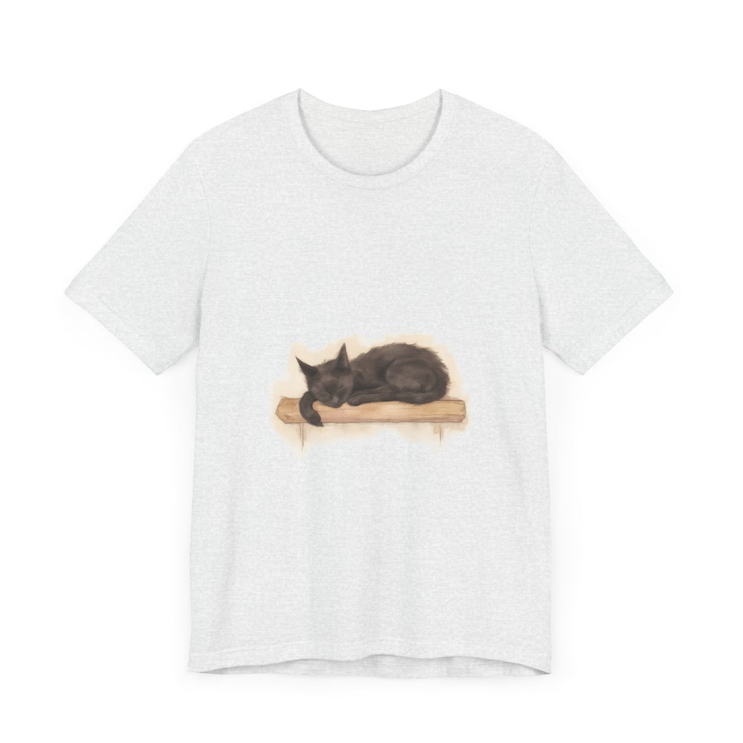 A close-up watercolor image of a black cat sleeping on a t-shirt