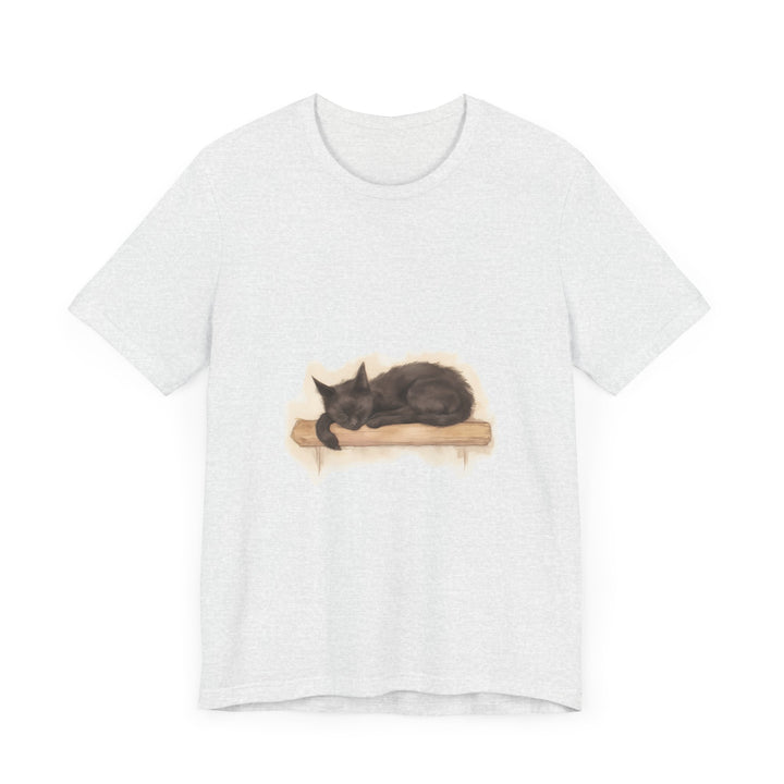 A close-up watercolor image of a black cat sleeping on a t-shirt