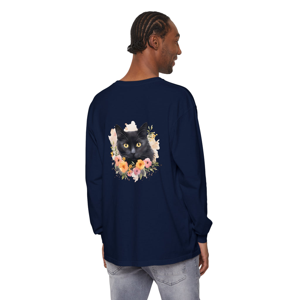 Black Cat Floral Portrait Unisex T-Shirt featuring a beautiful illustration of a black cat surrounded by colorful flowers, perfect for animal and nature lovers