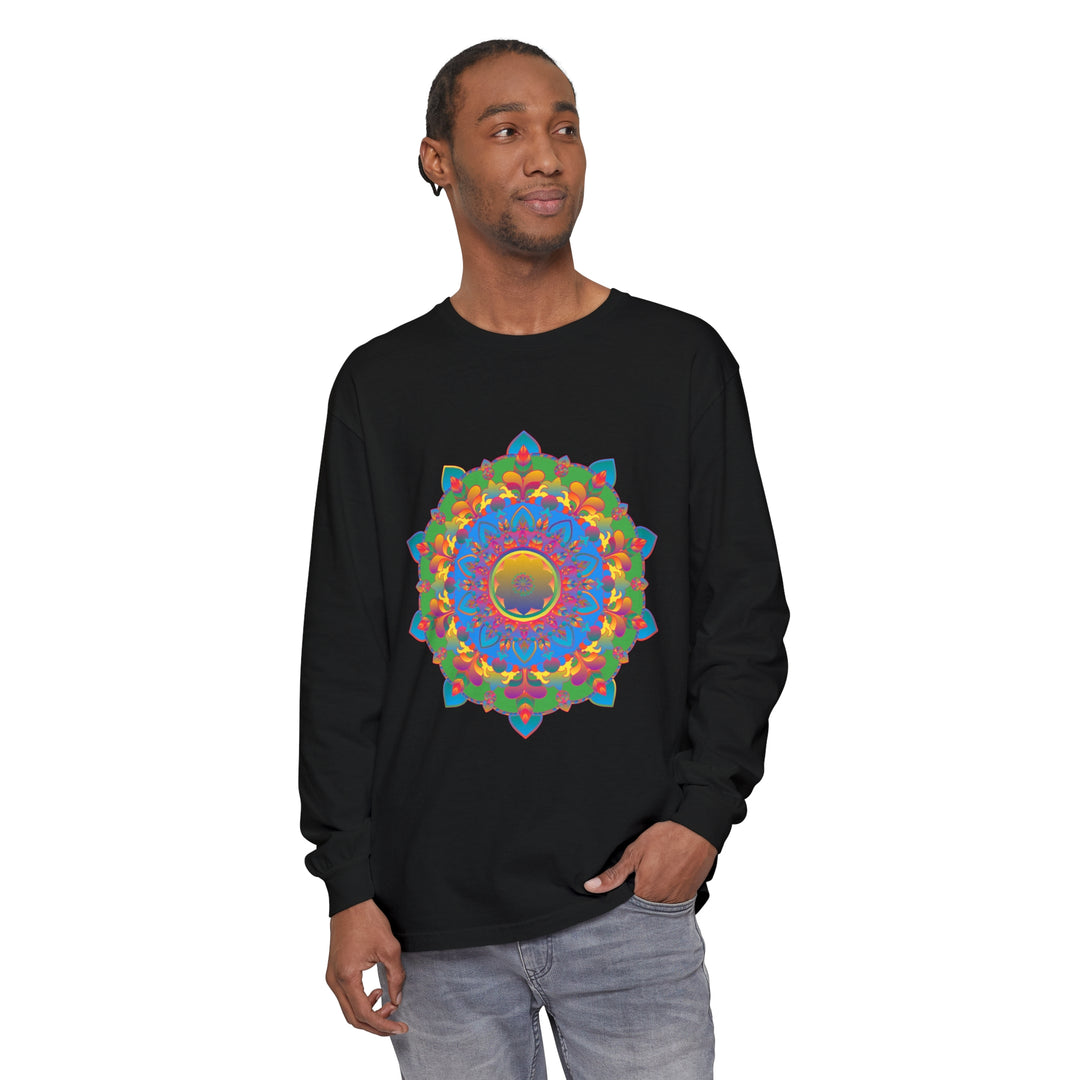 Beautiful long sleeve t-shirt with an intricate mandala design in vibrant colors