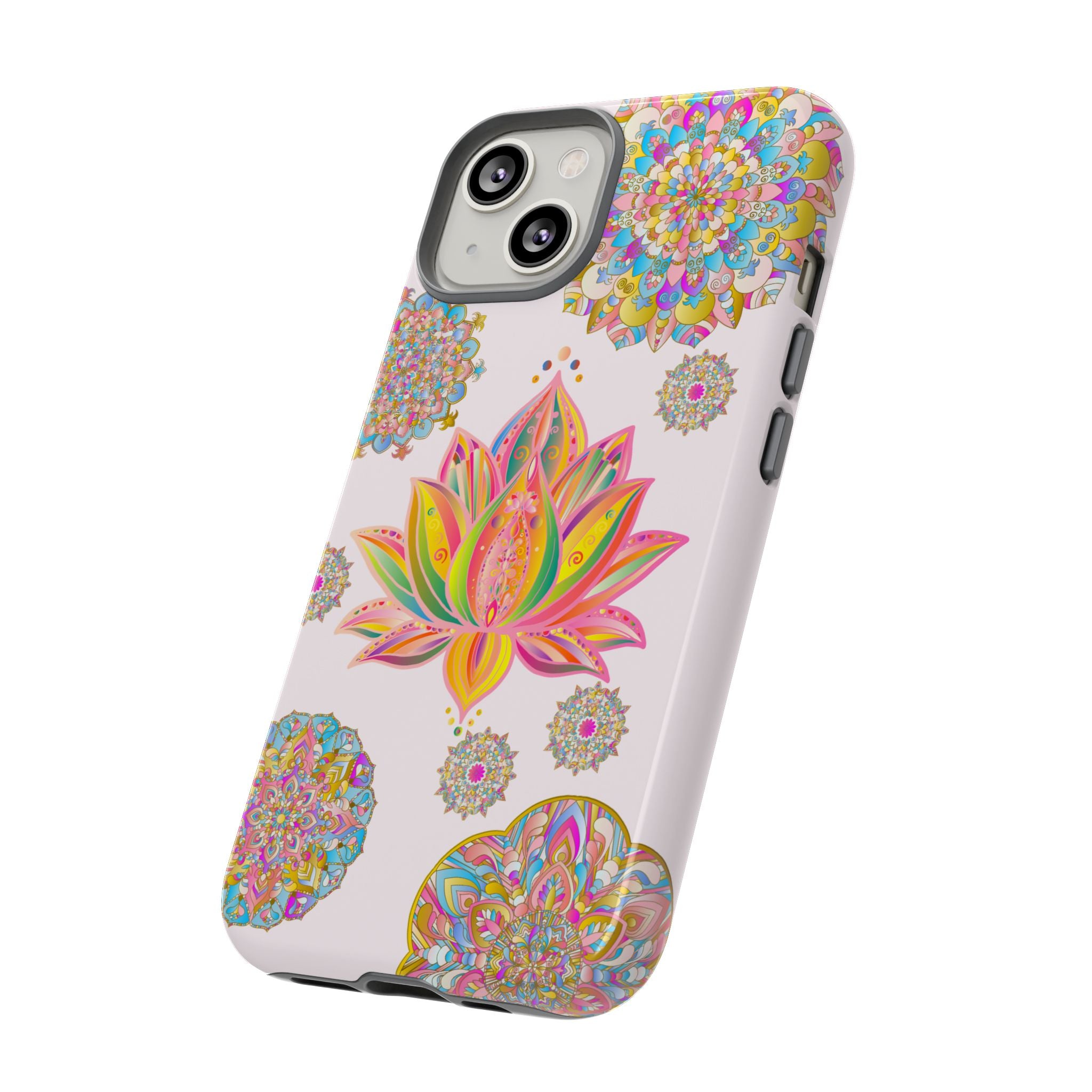 Light pink phone case with intricate mandala design featuring a beautiful lotus flower