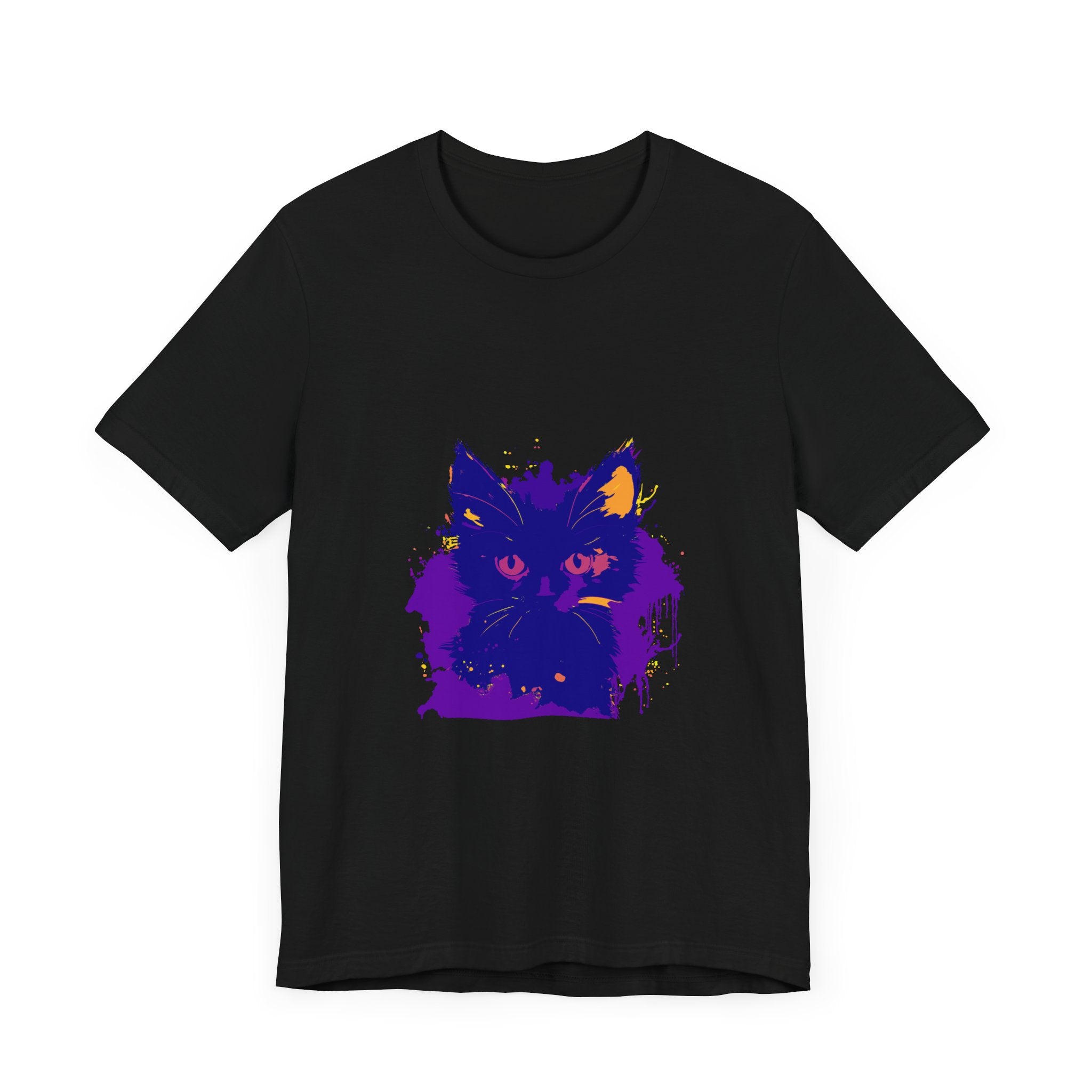 Adorable whimsical blue and pink cat t-shirt with playful design