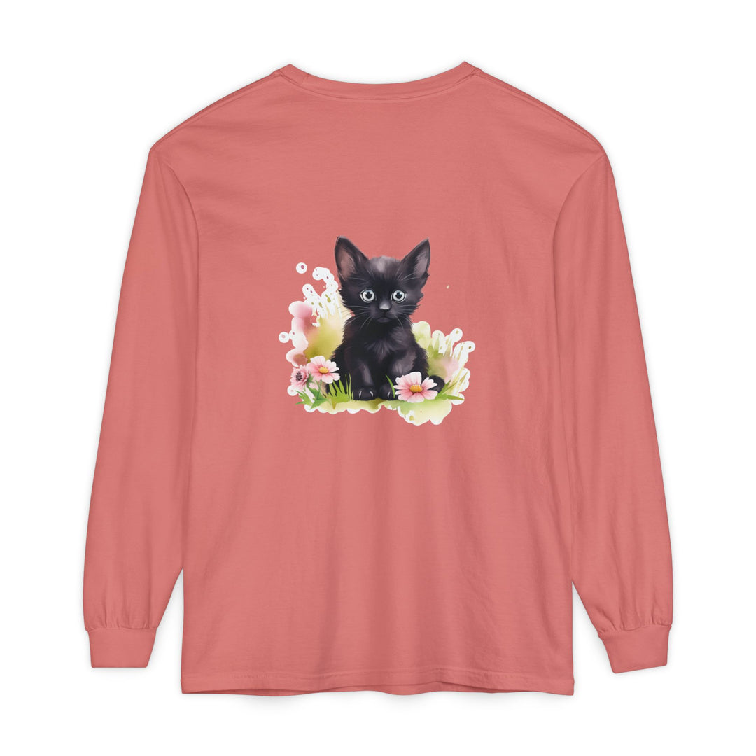 Black Kitten & Pink Flowers Long Sleeve T-Shirt