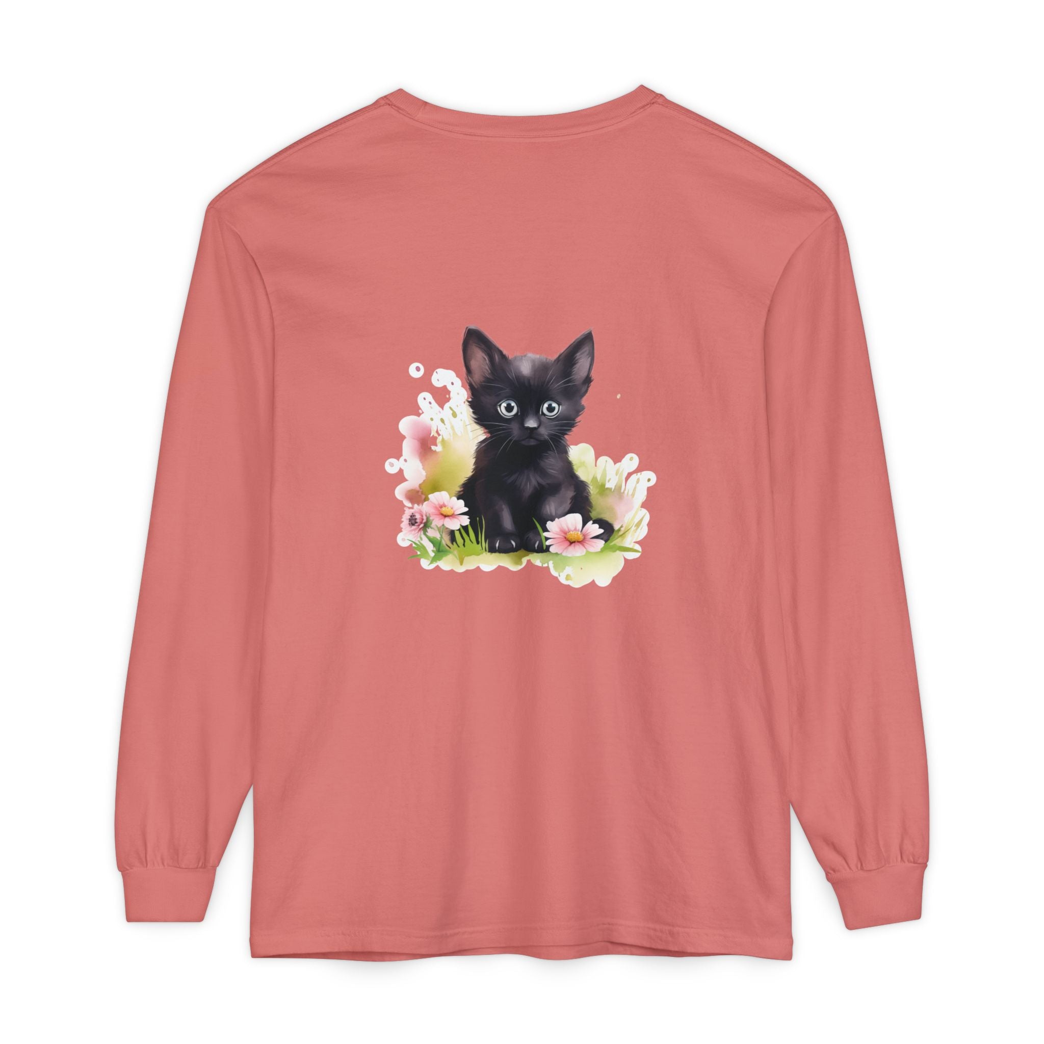 Black Kitten & Pink Flowers Long Sleeve T-Shirt
