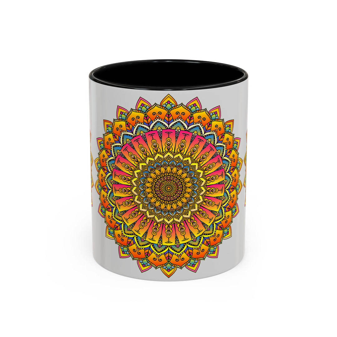 Handcrafted ceramic mug featuring a vibrant and intricate mandala art design with colorful floral motifs, perfect for enjoying your favorite hot beverages in style